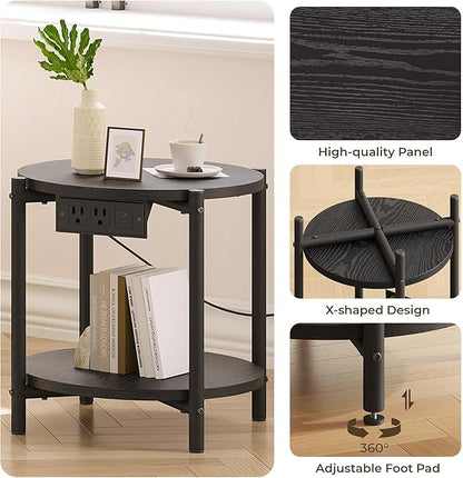 LIKIMIO Small Round End Tables Set of 2 with Charging Station, 2-Tier Wooden Side Tables, 15.8" W Modern Nightstands for Small Spaces, Living Room, Bedroom, Black