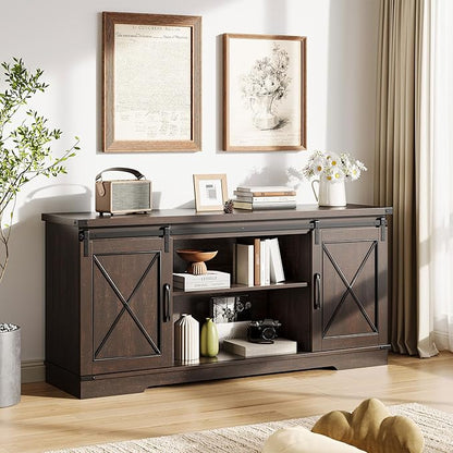 GarveeHome Farmhouse TV Stand for TV up to 65 Inches and Entertainment Center with Sliding Barn Doors and Adjustable Shelf, Tv Media Console Table with Storage Cabinet for Living Room, Bedroom, Brown