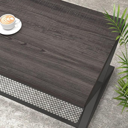 LVB Industrial Grey Coffee Table, 2 Tier Wood Metal Living Room Table, Wooden Rectangle Center Table with Storage, Farmhouse Low Cocktail Tea Table for Home Office Bedroom, Dark Gray Oak, 39 Inch