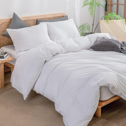 BESTOUCH Duvet Cover Set 100% Washed Cotton Linen Feel Super Soft Comfortable Chic Lightweight 2 PCs Home Bedding Set Solid Bright White Twin/Twin XL