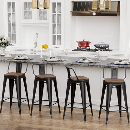 30 Inch Swivel Bar Stools Set of 4 with Backs Counter Height Industrial Metal Barstools Island Bar Chairs for Home Kitchen Dining Room (Swivel 30 inch,Matte Black Wooden)