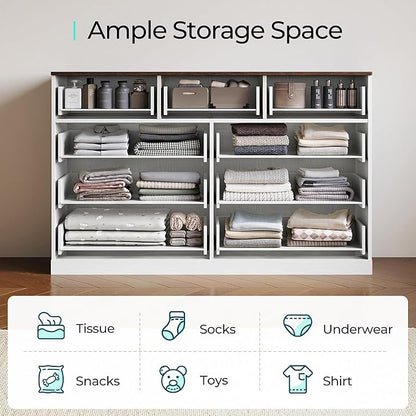 LINSY HOME 9 Drawer Dresser for Bedroom, 54" Wide Chest of Drawers, Modern TV Stand Dressers with Wood Frame and Metal Handles, Large Drawer Organizer for Bedroom, Living Room, White