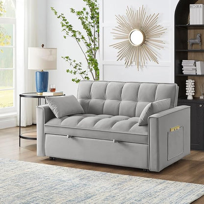 KEIKI Velvet Loveseat Convertible Sofa Bed Sleeper Chair with Adjustable Backrest, Pillows & Storage Pockets, 3 in 1 Pull-Out Couch Chaise Lounge Recliner for Living Room Balcony Bedroom, Grey