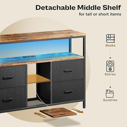 Huuger TV Stand Dresser with Power Outlets and LED Lights, 4 Drawers Entertainment Center with Open Shelf, Media Console for 50 43 Inch TV, Dresser with PU Finish, Rustic Brown and Black