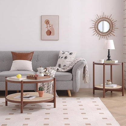 Tiita Rattan Coffee Table, Large Round End Table, 27.6 Inch Modern Side Table, Living Room Side Table, Glass Sofa End Table for Balcony and Office Outdoor/Indoor (Walnut)