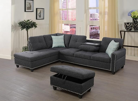 Evan Sectional Sofa or Couch with Ottoman for Living Room, Apartment, Bedroom, Office