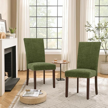 Parsons Dining Chairs Set of 2, Upholstered Nailhead Dining Room Kitchen Side Chair with Thick Cushions and Wood Legs, Green