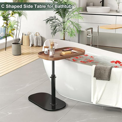 C Shaped Side Table Adjustable Height, 360°Swivel C Shaped End Table, Couch Side Tables That Slide Under, Small Coffee C Table End Table for Sofa/Bed/Bathtub, Rotating Elevate Tabletop (walnut)