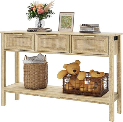 Entryway Table, Rattan Console Table with 3 Storage Drawers and Storage Shelf, Sofa Table with Socket, for Entryway, Living Room, Behind Couch and Hallway (Natural Wood)