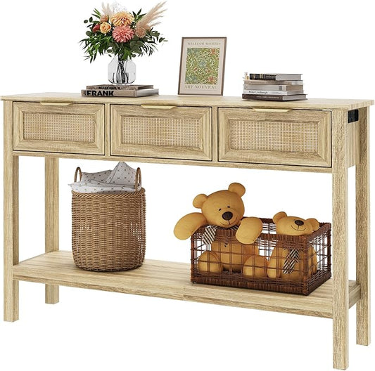 Entryway Table, Rattan Console Table with 3 Storage Drawers and Storage Shelf, Sofa Table with Socket, for Entryway, Living Room, Behind Couch and Hallway (Natural Wood)