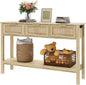 Entryway Table, Rattan Console Table with 3 Storage Drawers and Storage Shelf, Sofa Table with Socket, for Entryway, Living Room, Behind Couch and Hallway (Natural Wood)