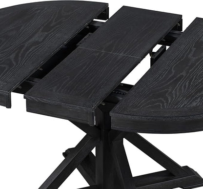 Retro Style Round Dining Table with 12" Removable Leaf for Kitchen/Living Room, Space-saving Solid Wood Tabletop Extendable Circular to Oval (42" to 54") with X-shaped Base Legs for Apartment Bistro