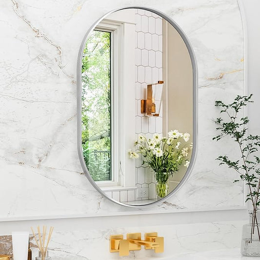 Suidia 22" x 30" Bathroom Mirror, Bathroom Vanity Mirror Metal Framed, Wall-Mounted Mirrors for Bedroom, Living Room, Entryway, Hallway, Silver, Oval Style