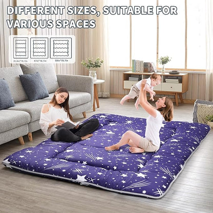 Japanese Floor Mattress,4" Thicken Japanese Floor Sleeping Pad Foldable,Futon Mattress Suitable for Camping and Guest Room (Blue, Queen (80" X 60"))