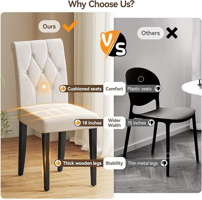 Upholstered Dining Chairs Set of 2, Modern Button Tufted Parsons Design with Solid Wood Legs, Soft Fabric Side Chairs Comfortable & Stylish, White
