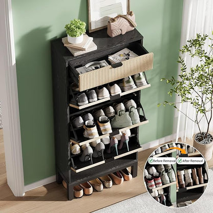 GarveeHome Shoe Cabinet with 3 Flip Doors & 1 Drawer, Entrance Wooden Shoe Rack with Iron Legs, Slim Shoe Storage Cabinet, Modern Fluted Shoe Organizer for Entryway Hallway, Black+Oak