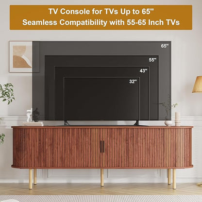 GarveeHome 70.1" TV Stand, Modern TV Console Table with Storage Compartment and Sliding Door, Gaming Entertainment Center with Cabinet for Living Room, Bedroom, Office, Walnut