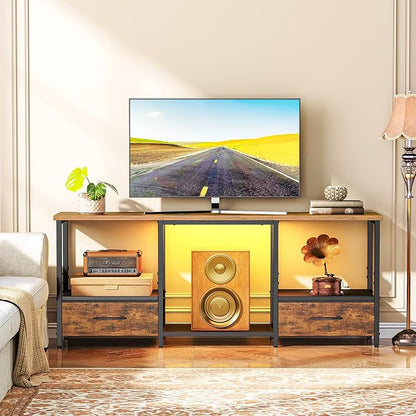HOOBRO LED TV Stand with Storage, LED Entertainment Center with Open Shelves and Drawer, Fits TVs up to 55", Television Stand for Living Room, Bedroom, Rustic Brown and Black BF123DDS01