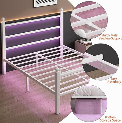 Full Size Bed Frame with Headboard and Footboard,Steel Slats Support-LED Bed Frame with USB Charging Station,Mattress Foundation-Under Bed Storage,No Box Spring Needed,Noise Free,White