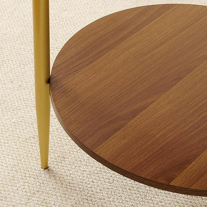 Round End Table, Mid-Century Modern Design, D20*H23 inch, for Living Room, 2-Tier Structure, Amber Glass Top and Walnut MDF Shelf, Sleek Conical Metal Legs with Gold Finish