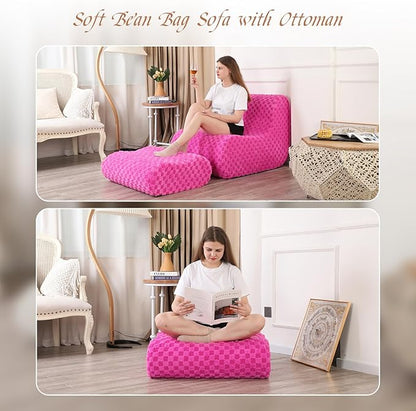 Accent Bean Bag Chair with Footstool, Modern Lazy Sofa Chair with Comfy Jacquard Shaggy Plush, Pink