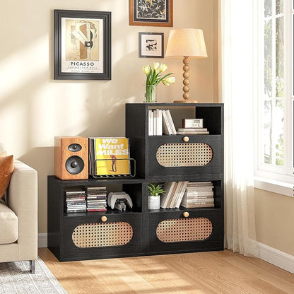 3-in-1 Modular TV Stand with Rattan Doors, DIY Media Console Boho Entertainment Center Modern TV Cabinet with Open Shelves,Black