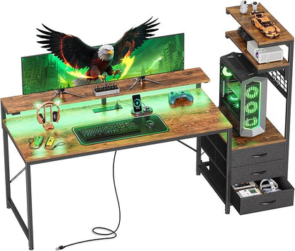 PRAISUN 61.7" Gaming Desk with LED Lights & Outlets, Computer Desk with 3 Fabric Drawers, PC Desk with PC Case Stand & Movable Storage Shelves, Monitor Stand, Reversible, Rustic Brown
