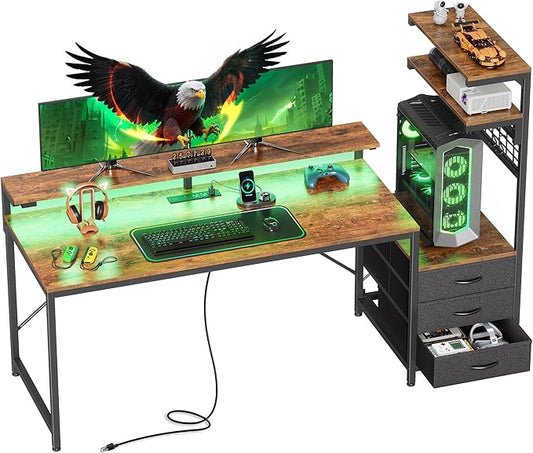 PRAISUN 61.7" Gaming Desk with LED Lights & Outlets, Computer Desk with 3 Fabric Drawers, PC Desk with PC Case Stand & Movable Storage Shelves, Monitor Stand, Reversible, Rustic Brown