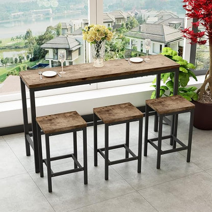 KEIKI 60.24” Long Bar High Top Dining Table and 3 Stools Chairs Set, Wood Behind Couch Sofa Counter Height Pub Furniture for Breakfast, Kitchen Living Party Room, Natural