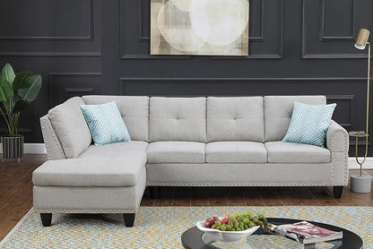 Ball & Cast 98" L Shaped Sectional Couch for Living Room with Chaise & Nailhead Trim,4 Seat Linen Upholstered Modular Sectional Sofa Set 2 PCS W/Cup Holders and 2 Pillows for Home,Office,Light Gray