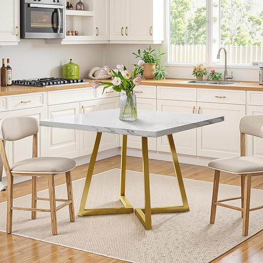 Square Dining Table for 2-4, 31.5" Small Dinner Table with Metal Frame Base Square Kitchen Tables for Dining Room, Kitchen, Living Room, White & Gold