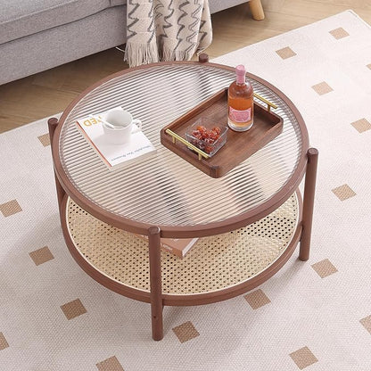 Tiita Rattan Coffee Table, Large Round End Table, 27.6 Inch Modern Side Table, Living Room Side Table, Glass Sofa End Table for Balcony and Office Outdoor/Indoor (Walnut)