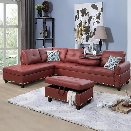 L-Shaped Sectional Sofa with Ottoman, Leather Modern Nail-Head Design with Cup Holder & Chaise for Living Room, Bedroom, Office, Red