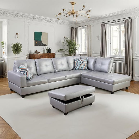 NicBex Sectional Couch 3 Pieces Sofa Set with Left Chaise Synthetic Leather L Shaped Cloud Couch for Living Room Furniture Sets with Storage Ottoman, Modular Sofa for Living Room & Apartment, Silver