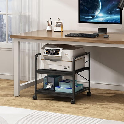 2 Tier Under Desk Printer Stand with Storage, 20 Inches Deep Large Printer Table with Height Adjustable Shelf, Rolling Printer Cart with Wheels for Home Office - Black