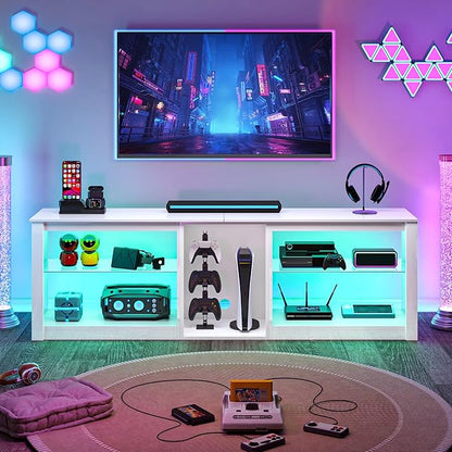 Clikuutory 63 inch High Gloss LED TV Stand for 50 55 60 65 70 75 inch TV, Gaming Entertainment Center for PS5, TV Cabinet with Glass Shelves for Living Room, Bedroom, Bright White