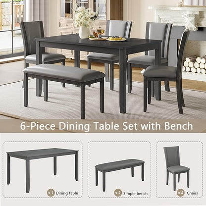KEIKI 6-Piece Standard Height Dining Table Set with Rectangular Table, 4 Upholstered Chair, Bench, for 6 Person, Farmhouse Rustic Style Table Set, Easy Assembly, for Kitchen, Dining Room, Gray
