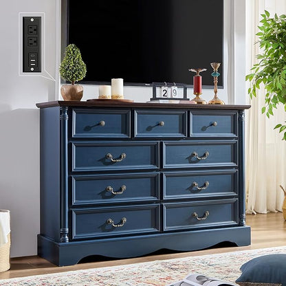 Farmhouse 9 Drawers Dresser for Bedroom with Charging Station, 54" Wide Wood Country Rustic Storage Dressers Organizer, Vintage Design Chest of Drawers TV Stand