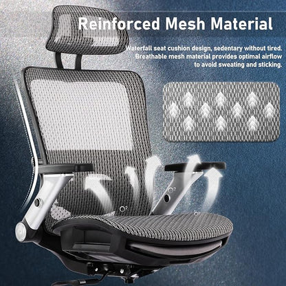 COLAMY Ergonomic Mesh Office Chair with Footrest, High Back Computer Executive Desk Chair with Headrest and 4D Flip-up Armrests, Adjustable Tilt Lock and Lumbar Support-Grey