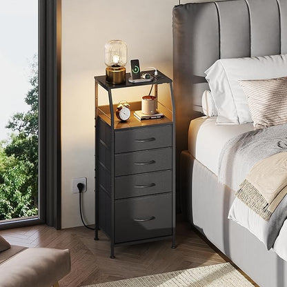 WLIVE Night Stand Set of 2 with Charger Station, Nightstand Sets with LED Light and 4 Storage Drawers, Tall Dressers for Bedroom, Bedside Tables with Fabric Bins, Wood Shelf, Metal Frame, Black