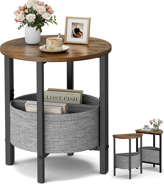 Vagusicc Small Round Side Table, Accent End Table with Storage Basket, Set of 2 Half Round Tables End Table, Coffee Bedside Table Half Moon Tables, Modern Nightstand for Living Room Bedroom, Brown