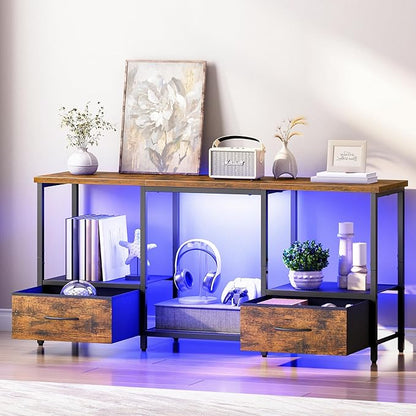 HOOBRO LED TV Stand with Storage, LED Entertainment Center with Open Shelves and Drawer, Fits TVs up to 55", Television Stand for Living Room, Bedroom, Rustic Brown and Black BF123DDS01