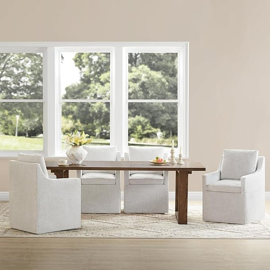 Upholstered Dining Chairs with Casters Easy Assembly Side Deskchair with Rollers for Diningroom, Living Room, Linen, 4 Box