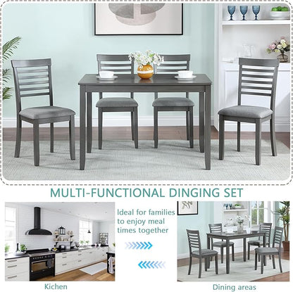 KEIKI 5-Piece Standard Height Dining Table Set with Rectangular Table and 4 Upholstered Ladder Backrset Chair, for 4 Person, Modern Wooden Table Set, Easy Assembly, for Kitchen, Dining Room, Gray