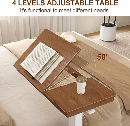 Solid Wood Overbed Bedside Table with Wheels, Adjustable Medical Tilt Top Hospital Bed Table Over The Bed, Rolling Laptop Desk, Mobile Standing Desk for Hospital and Home Use (Walnut)