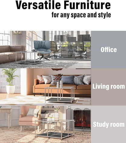 Matte Coffee Table with Open Storage, Square Tempered Glass Storage Rolling Coffee Table, Modern Design for Living Room, Meeting Room (Grey)