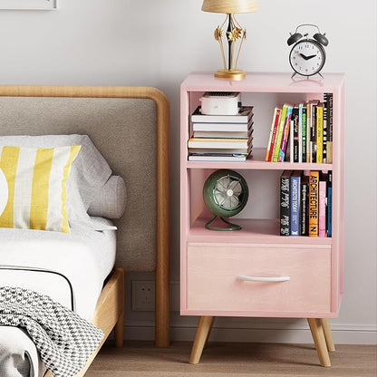 Night Stand, Pink Kids Nightstand with Drawer, Nursery Side Table with Open Storage, 3-Tier Modern End Table, Bedside Table for Small Space, Living Room, Bedroom