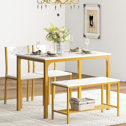 soges 4 Person Dining Table Set,43.3 inch Kitchen Table Set for 4,2 Chairs with Backrest,2-Person Bench with Storage Rack,Nesting Furniture Set for Dining Room and Restaurant, White Gold
