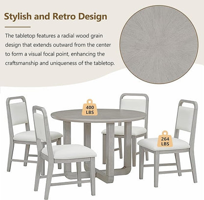 Merax 5-Piece Retro Dining Set, Round Table Top with Radial Wood Grain Design and 4 Upholstered Chairs for Dining Room and Kitchen, Antique Gray