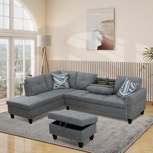 L Shaped Modular Sectional Sofa with Reversible Chaise Lounge, 5-Seater Corner Couch, Linen Upholstery Convertible Sofá w/Movable Ottoman, Cup Holders, 2 Pillows and Rivet Ornament for Living Room